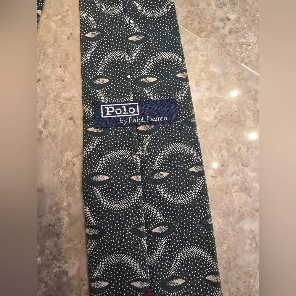 Mens Vintage Polo Ralph Lauren Dark Green Pattern Tie - Picture 3 of 3